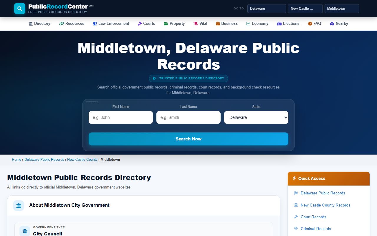 Middletown Public Records Center page with Family Court Records resources