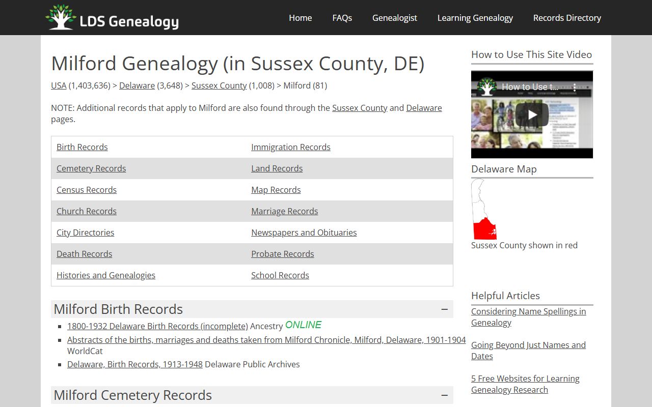 Milford Family Court Records genealogy index showing church and probate sources