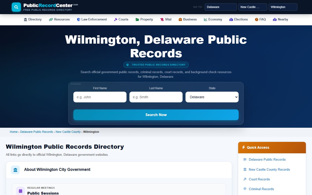 Wilmington Public Records Center page with Family Court Records links