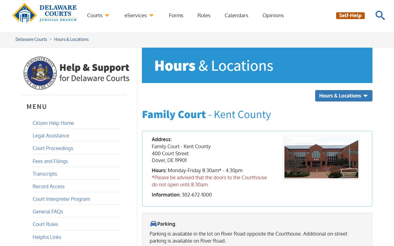 Kent County Family Court Records location and hours page in Dover