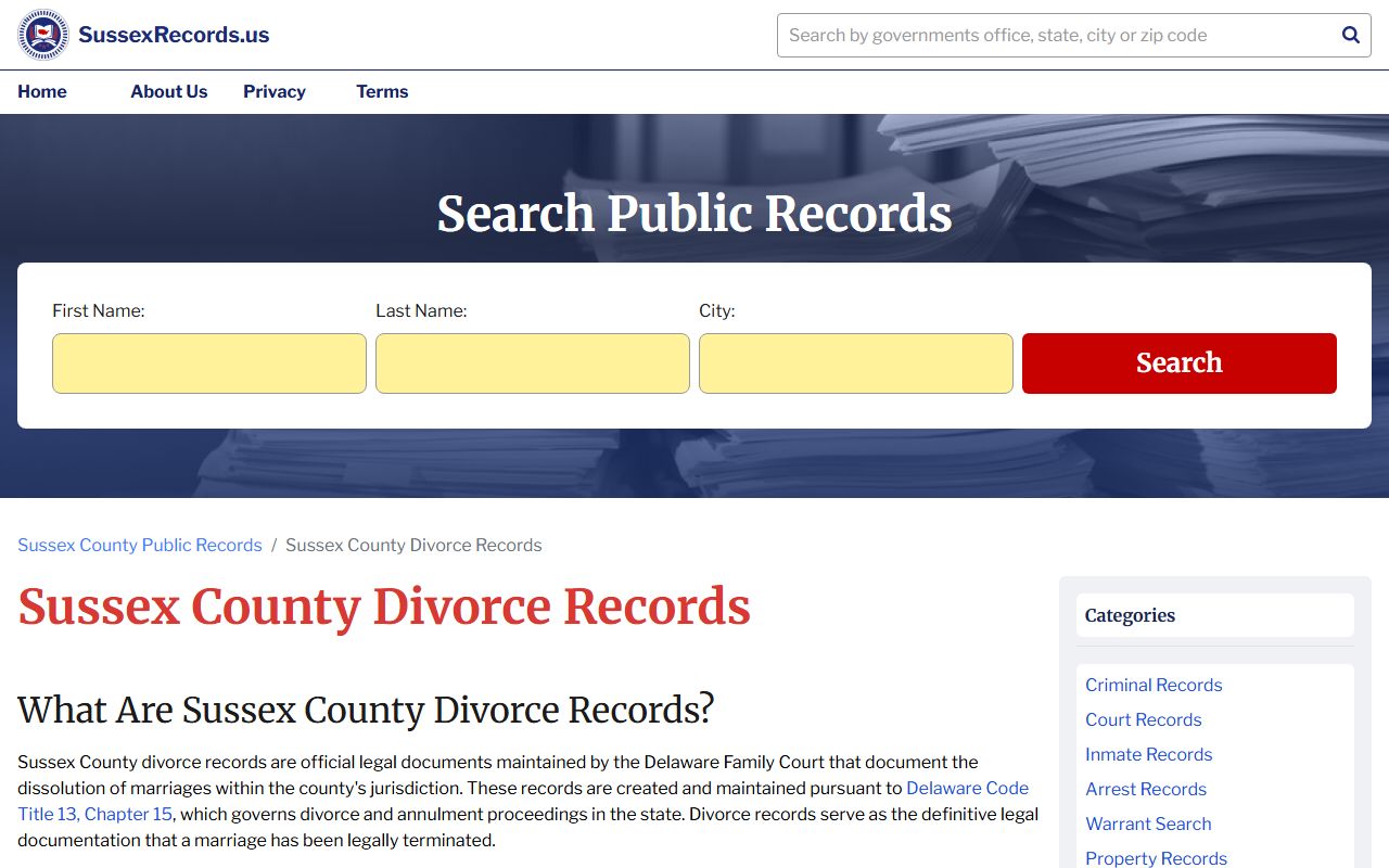 Sussex County Family Court Records divorce page with fees and access rules
