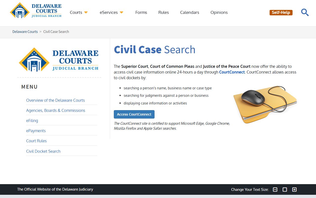 Delaware Civil Case Search docket portal screen