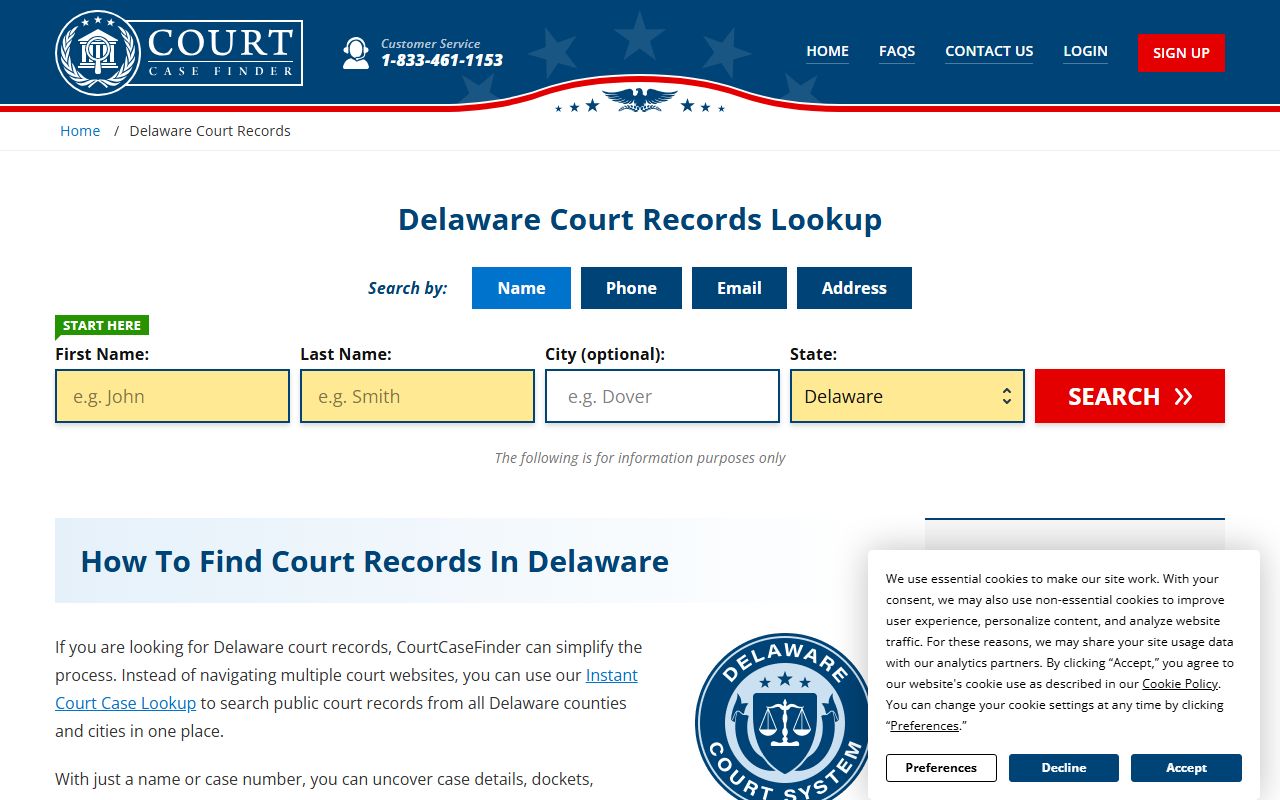 Delaware Court Case Finder search tool