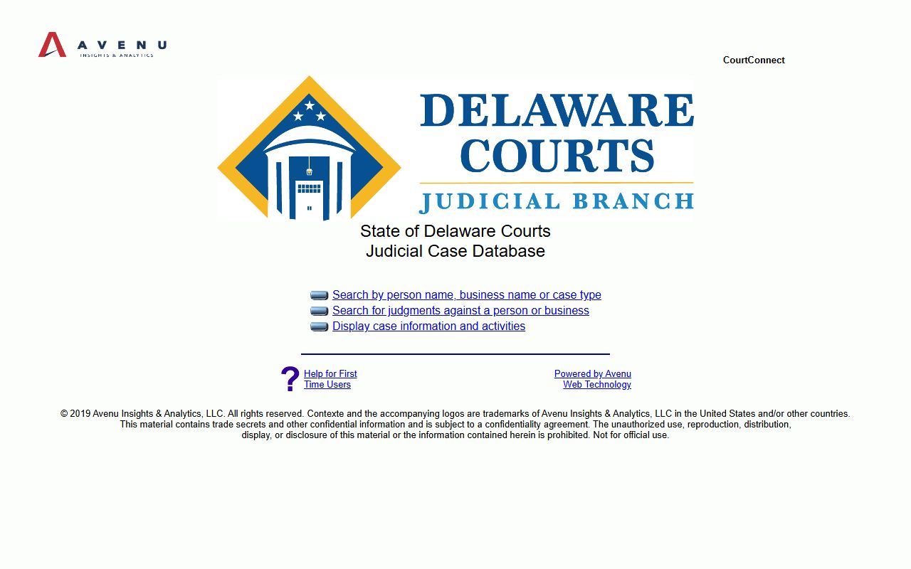 Delaware CourtConnect portal for searching civil case records