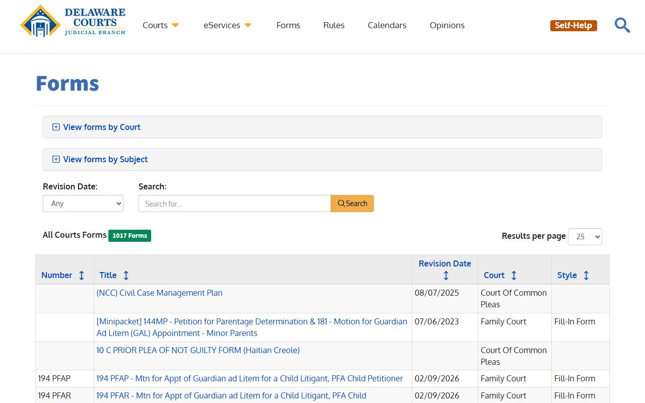 Delaware Court Forms page with Family Court petition forms