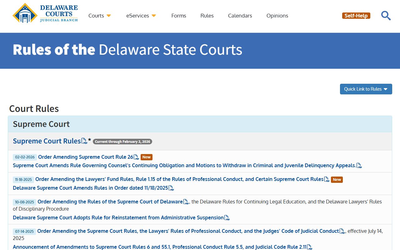 Delaware Court Rules page with Family Court rules
