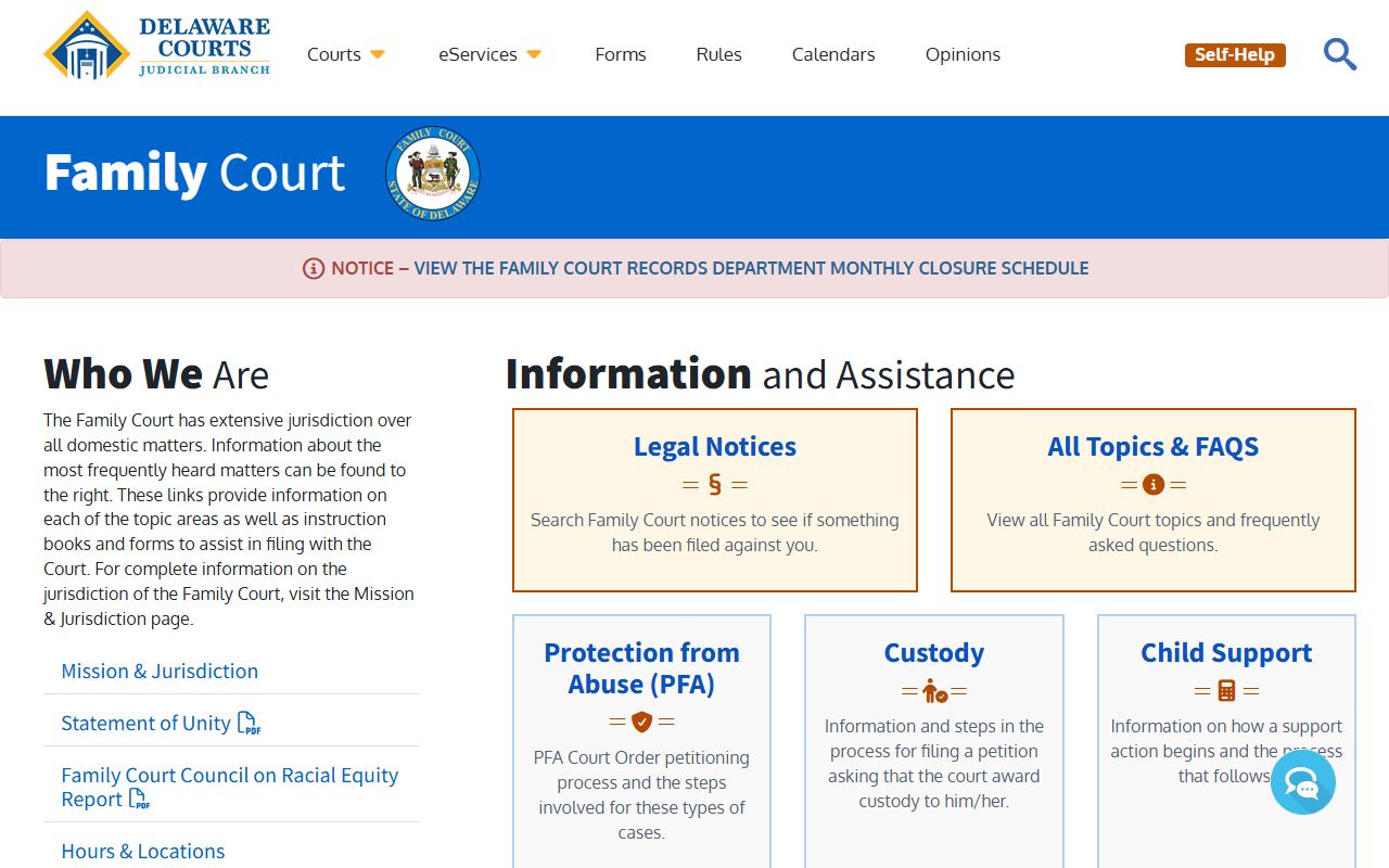 Delaware Courts Family Court main page