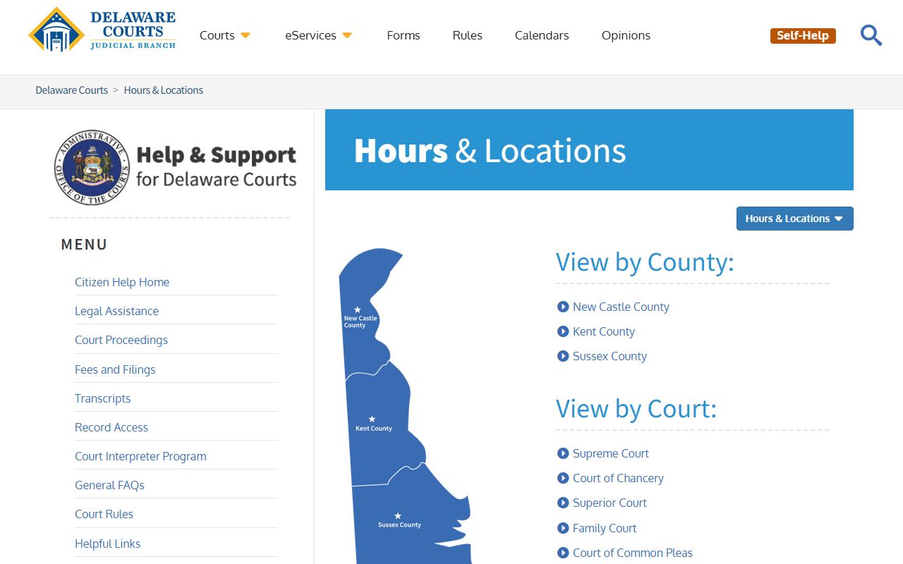 Delaware Family Court Records locations page listing courthouse addresses