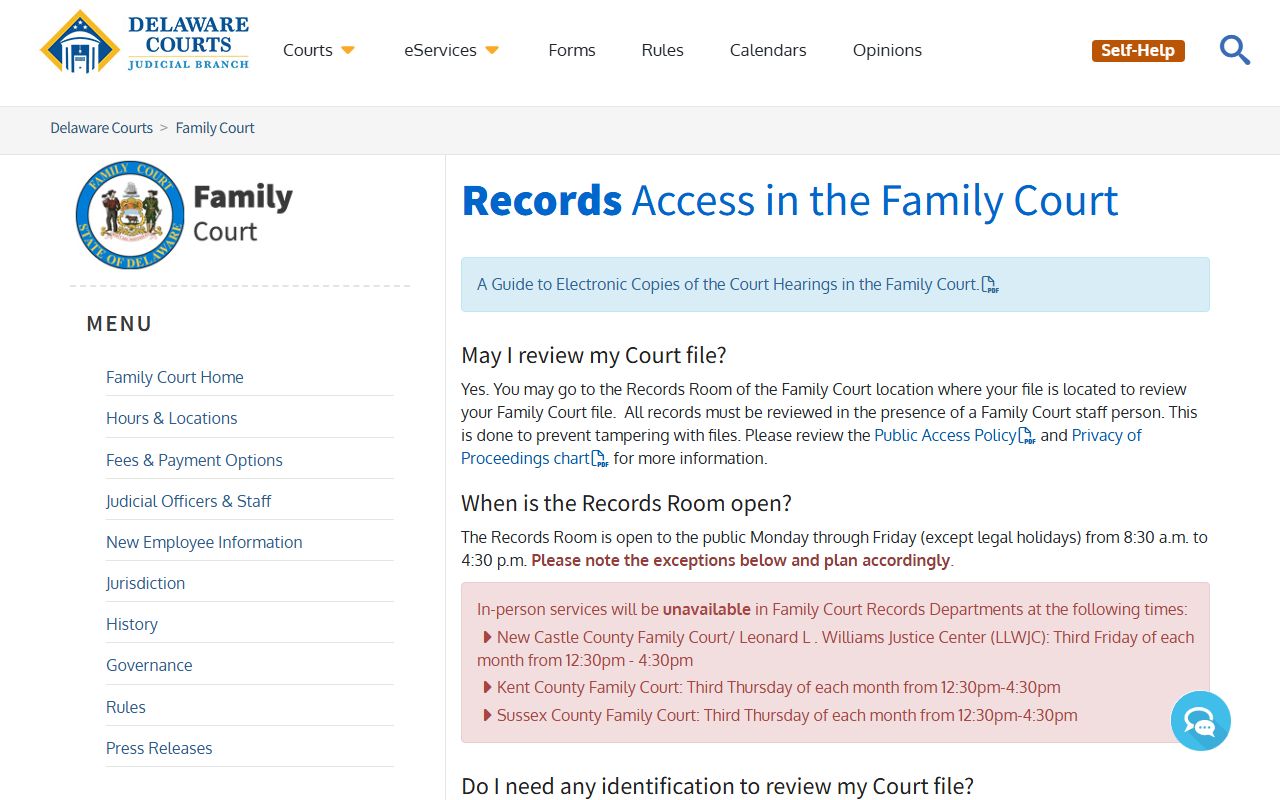 Delaware Family Court Records access page with public hours and copy fees